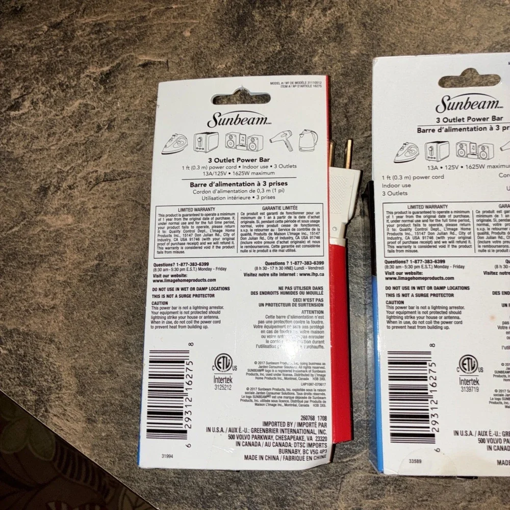 Lot If 3 Sunbeam One Foot 3 Outlet Power Bar New With Tags
